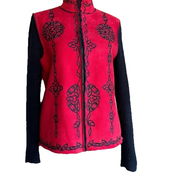 Vintage Coldwater Creek Faux Red Suede Black Bead Embroidered Knit Sleeve Jacket - Picture 2 of 7